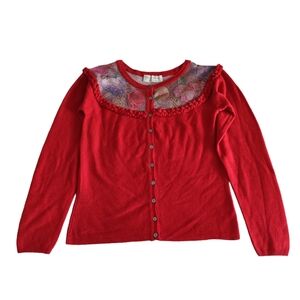 Andre Maurice 100% Cashmere Red Metallic Floral Button Front Sweater